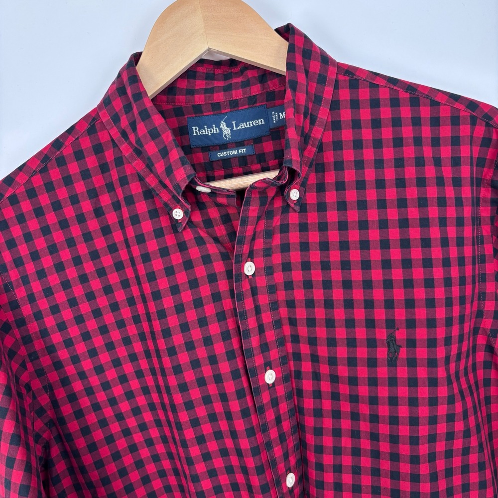 VTG Polo Ralph Lauren Custom Fit Button Down Shirt Men M Red Buffalo Check Plaid